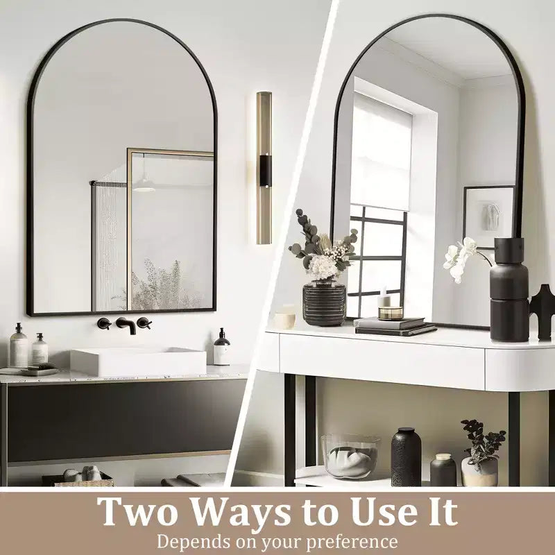 Miroir mural arqué MAYEERTY 36x24 noir, miroir décoratif suspendu avec cadre fin en aluminium à angle droit pour salle de bain et entrée