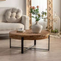 Okak Round Coffee Table with Wood Top and Black/Gold Cross Metal Legs Retro Accent for Living Room
