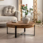 Okak Round Coffee Table with Wood Top and Black/Gold Cross Metal Legs Retro Accent for Living Room