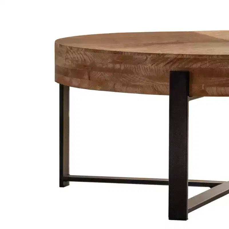 Table basse ronde Okak avec plateau en bois et pieds métalliques croisés noirs/dorés Style rétro pour salon