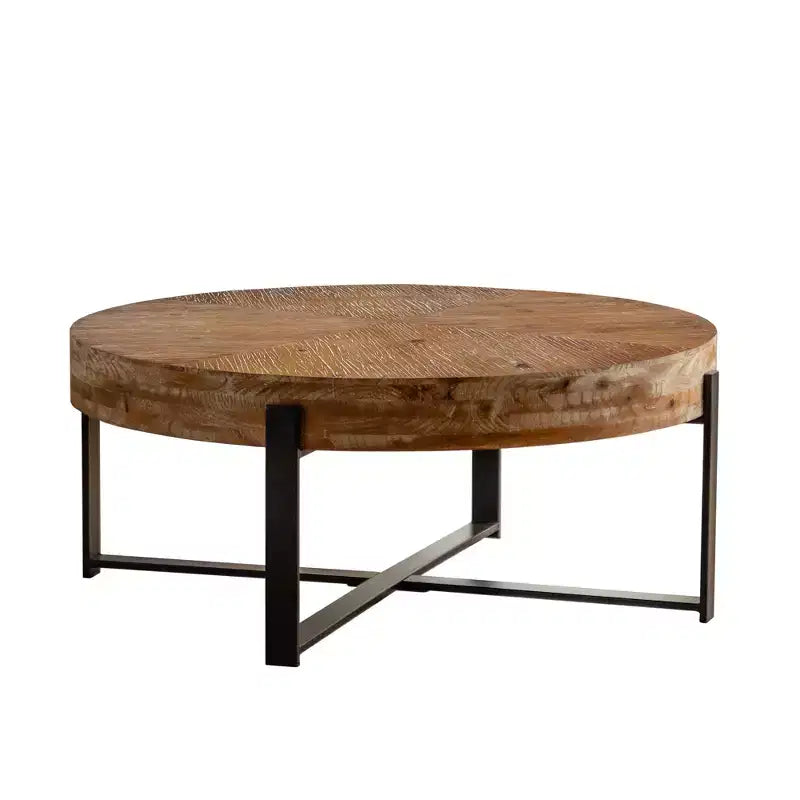 Table basse ronde Okak avec plateau en bois et pieds métalliques croisés noirs/dorés Style rétro pour salon