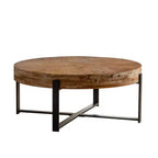 Table basse ronde Okak avec plateau en bois et pieds métalliques croisés noirs/dorés Style rétro pour salon
