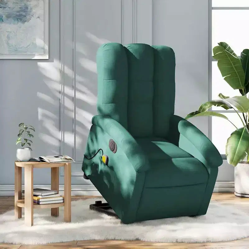 vidaXL Fauteuil inclinable de massage électrique avec fonction élévatrice, massage vibrant, dossier et repose-pieds à réglage automatique, tissu vert foncé, poche latérale