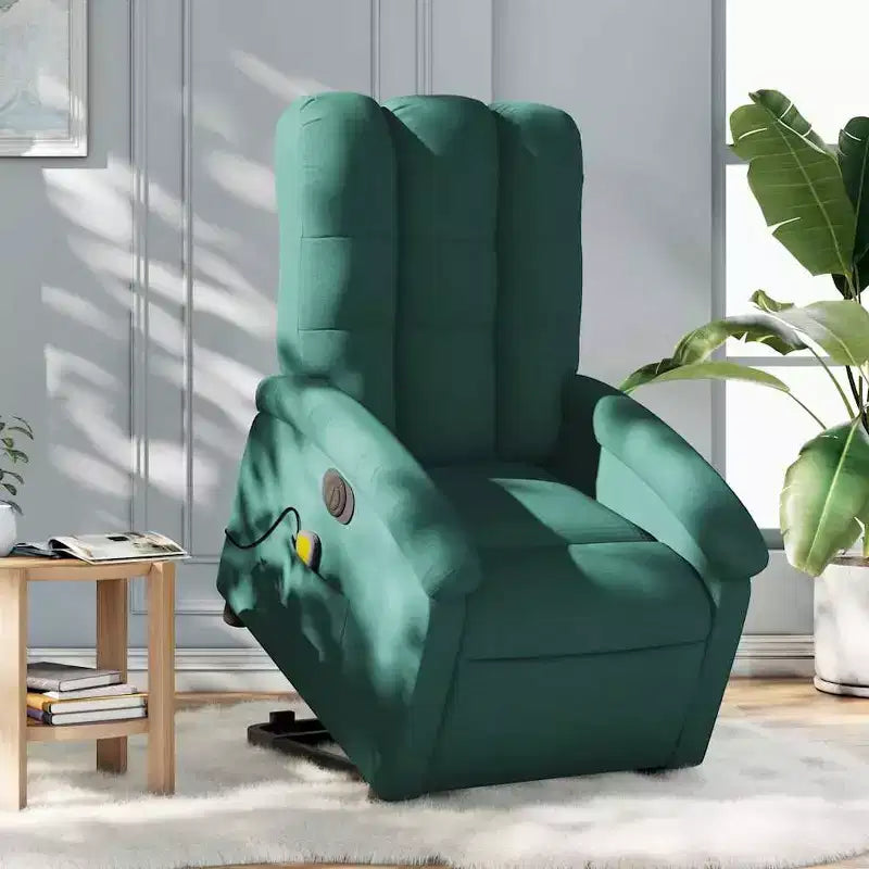 vidaXL Fauteuil inclinable de massage électrique avec fonction élévatrice, massage vibrant, dossier et repose-pieds à réglage automatique, tissu vert foncé, poche latérale