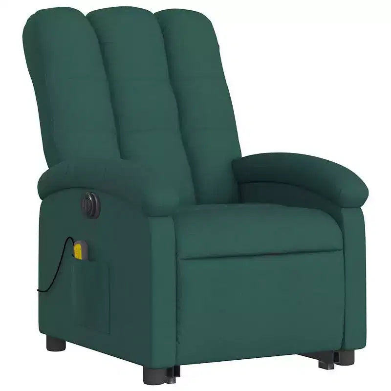 vidaXL Fauteuil inclinable de massage électrique avec fonction élévatrice, massage vibrant, dossier et repose-pieds à réglage automatique, tissu vert foncé, poche latérale