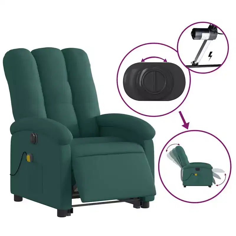 vidaXL Fauteuil inclinable de massage électrique avec fonction élévatrice, massage vibrant, dossier et repose-pieds à réglage automatique, tissu vert foncé, poche latérale