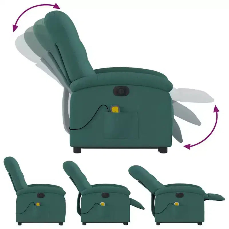 vidaXL Fauteuil inclinable de massage électrique avec fonction élévatrice, massage vibrant, dossier et repose-pieds à réglage automatique, tissu vert foncé, poche latérale