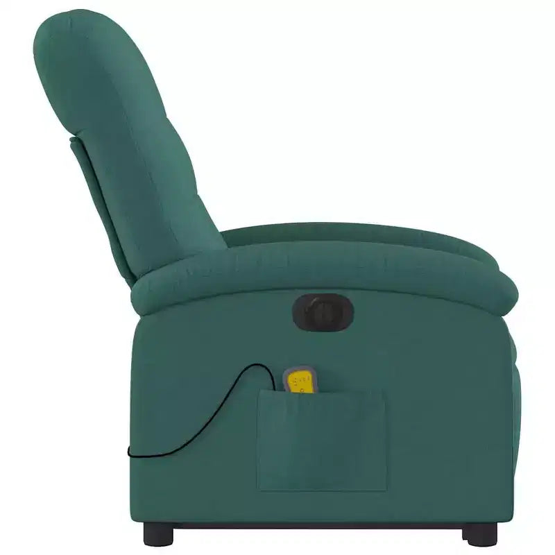vidaXL Fauteuil inclinable de massage électrique avec fonction élévatrice, massage vibrant, dossier et repose-pieds à réglage automatique, tissu vert foncé, poche latérale
