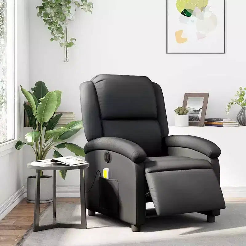 vidaXL Fauteuil inclinable de massage électrique - Fauteuil à oreilles en cuir véritable noir avec fonction vibrante pour le salon