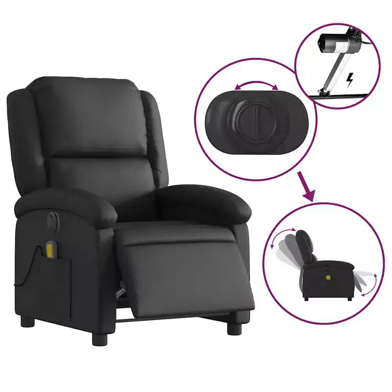 vidaXL Fauteuil inclinable de massage électrique - Fauteuil à oreilles en cuir véritable noir avec fonction vibrante pour le salon