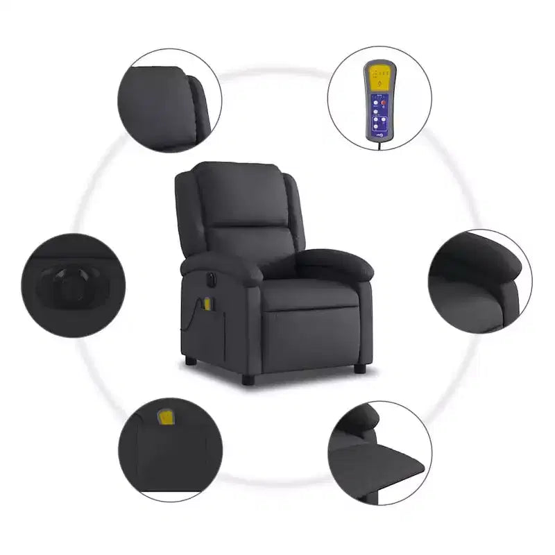 vidaXL Fauteuil inclinable de massage électrique - Fauteuil à oreilles en cuir véritable noir avec fonction vibrante pour le salon
