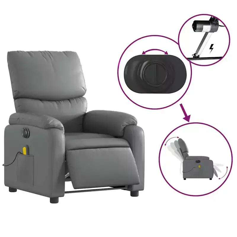 vidaXL Fauteuil inclinable de massage électrique Gris Similicuir, Bois, Métal, Mousse