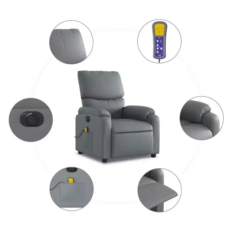 vidaXL Fauteuil inclinable de massage électrique Gris Similicuir, Bois, Métal, Mousse