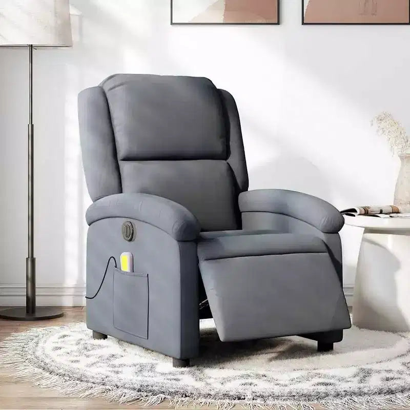 vidaXL Fauteuil inclinable de massage électrique - Velours gris foncé, Repose-pieds/dossier réglables automatiquement, Massage vibrant à 6 points, Poche latérale