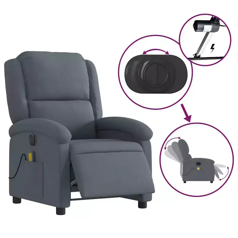 vidaXL Fauteuil inclinable de massage électrique - Velours gris foncé, Repose-pieds/dossier réglables automatiquement, Massage vibrant à 6 points, Poche latérale