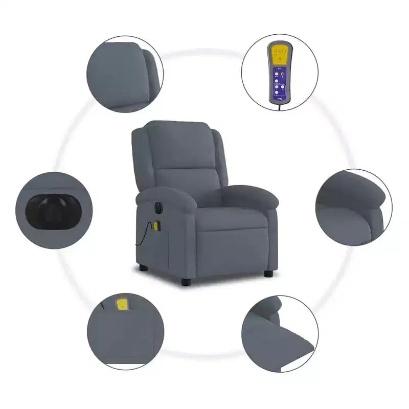 vidaXL Fauteuil inclinable de massage électrique - Velours gris foncé, Repose-pieds/dossier réglables automatiquement, Massage vibrant à 6 points, Poche latérale
