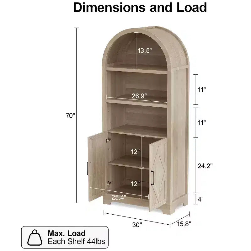 Dyonery 70 armoires de rangement hautes à arc, armoires modernes à arc de 5 étagères avec portes et étagères réglables, armoires multifonctionnelles en bois à plateau rond