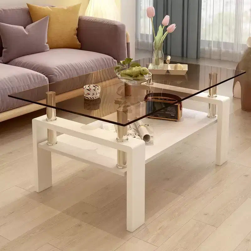 Table basse moderne rectangulaire Okak à 2 niveaux avec plateau en verre trempé et pieds en métal, table centrale d'appoint avec couche MDF pour salon