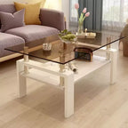 Table basse moderne rectangulaire Okak à 2 niveaux avec plateau en verre trempé et pieds en métal, table centrale d'appoint avec couche MDF pour salon