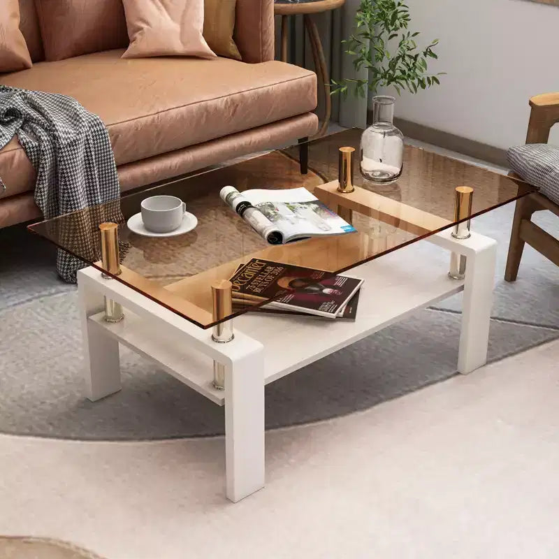 Table basse moderne rectangulaire Okak à 2 niveaux avec plateau en verre trempé et pieds en métal, table centrale d'appoint avec couche MDF pour salon