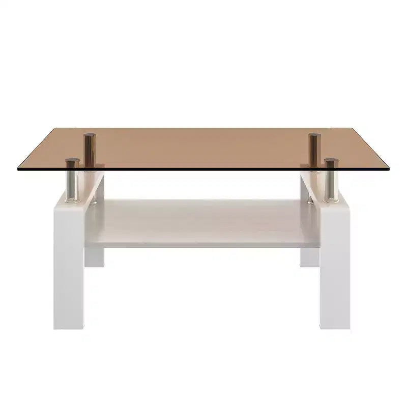 Table basse moderne rectangulaire Okak à 2 niveaux avec plateau en verre trempé et pieds en métal, table centrale d'appoint avec couche MDF pour salon