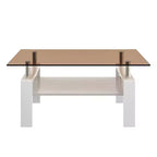 Table basse moderne rectangulaire Okak à 2 niveaux avec plateau en verre trempé et pieds en métal, table centrale d'appoint avec couche MDF pour salon