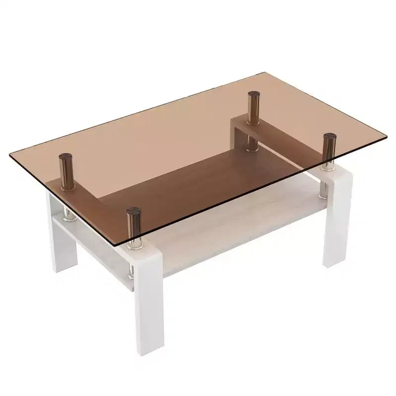 Table basse moderne rectangulaire Okak à 2 niveaux avec plateau en verre trempé et pieds en métal, table centrale d'appoint avec couche MDF pour salon