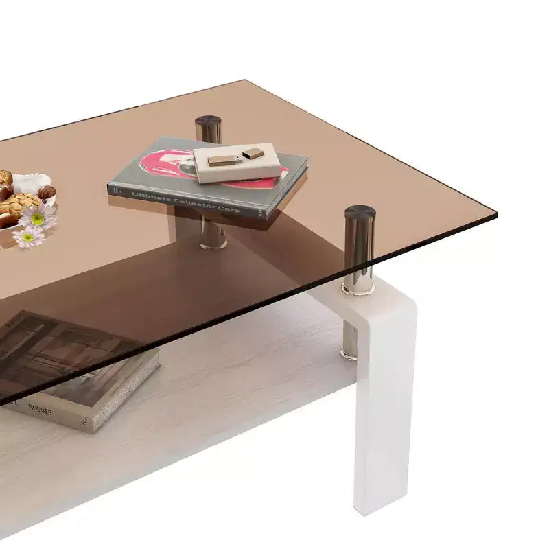 Table basse moderne rectangulaire Okak à 2 niveaux avec plateau en verre trempé et pieds en métal, table centrale d'appoint avec couche MDF pour salon