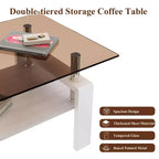 Table basse moderne rectangulaire Okak à 2 niveaux avec plateau en verre trempé et pieds en métal, table centrale d'appoint avec couche MDF pour salon