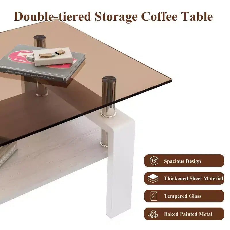 Table basse moderne rectangulaire Okak à 2 niveaux avec plateau en verre trempé et pieds en métal, table centrale d'appoint avec couche MDF pour salon