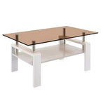 Table basse moderne rectangulaire Okak à 2 niveaux avec plateau en verre trempé et pieds en métal, table centrale d'appoint avec couche MDF pour salon