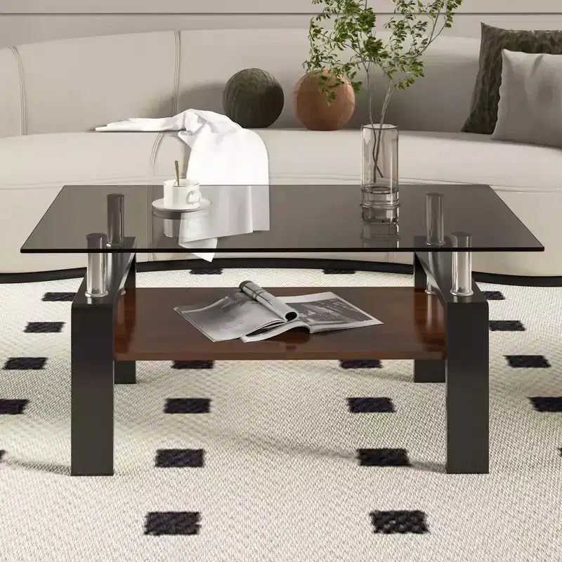 Table basse moderne rectangulaire Okak à 2 niveaux avec plateau en verre trempé et pieds en métal, table centrale d'appoint avec couche MDF pour salon