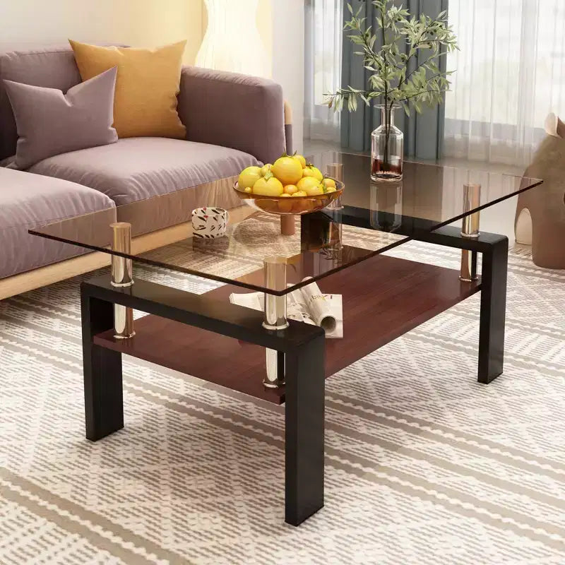 Table basse moderne rectangulaire Okak à 2 niveaux avec plateau en verre trempé et pieds en métal, table centrale d'appoint avec couche MDF pour salon
