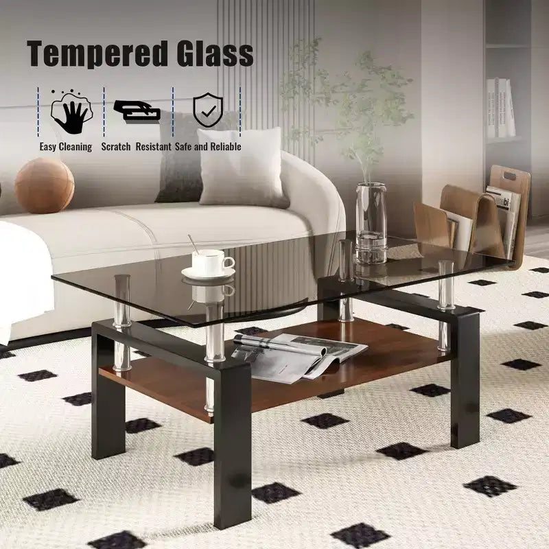 Table basse moderne rectangulaire Okak à 2 niveaux avec plateau en verre trempé et pieds en métal, table centrale d'appoint avec couche MDF pour salon