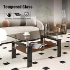 Table basse moderne rectangulaire Okak à 2 niveaux avec plateau en verre trempé et pieds en métal, table centrale d'appoint avec couche MDF pour salon