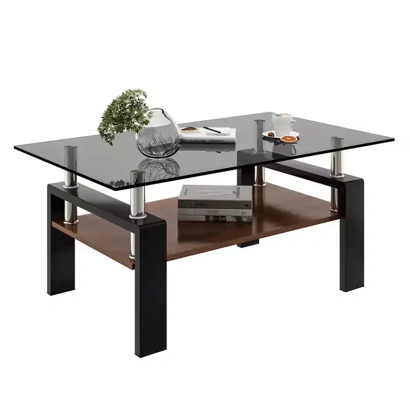 Table basse moderne rectangulaire Okak à 2 niveaux avec plateau en verre trempé et pieds en métal, table centrale d'appoint avec couche MDF pour salon