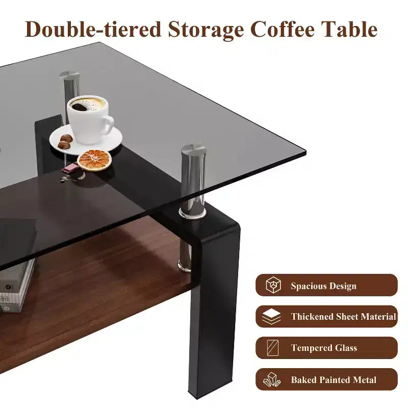 Table basse moderne rectangulaire Okak à 2 niveaux avec plateau en verre trempé et pieds en métal, table centrale d'appoint avec couche MDF pour salon