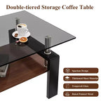 Table basse moderne rectangulaire Okak à 2 niveaux avec plateau en verre trempé et pieds en métal, table centrale d'appoint avec couche MDF pour salon