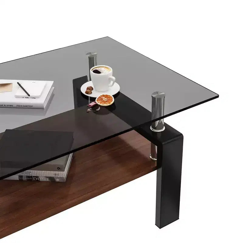Table basse moderne rectangulaire Okak à 2 niveaux avec plateau en verre trempé et pieds en métal, table centrale d'appoint avec couche MDF pour salon