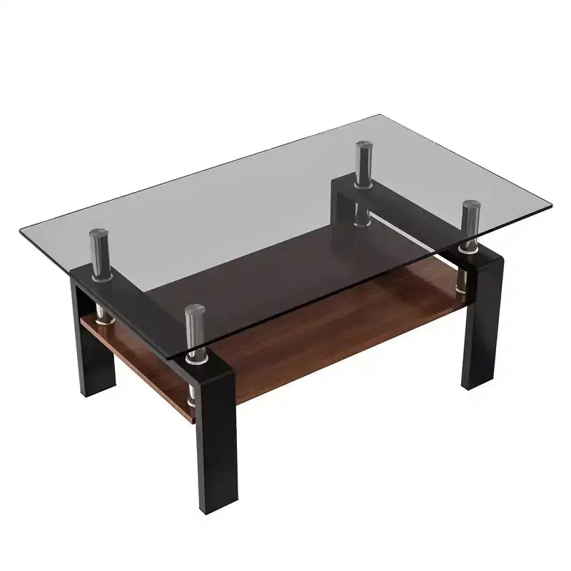 Table basse moderne rectangulaire Okak à 2 niveaux avec plateau en verre trempé et pieds en métal, table centrale d'appoint avec couche MDF pour salon