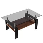 Table basse moderne rectangulaire Okak à 2 niveaux avec plateau en verre trempé et pieds en métal, table centrale d'appoint avec couche MDF pour salon