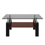 Table basse moderne rectangulaire Okak à 2 niveaux avec plateau en verre trempé et pieds en métal, table centrale d'appoint avec couche MDF pour salon