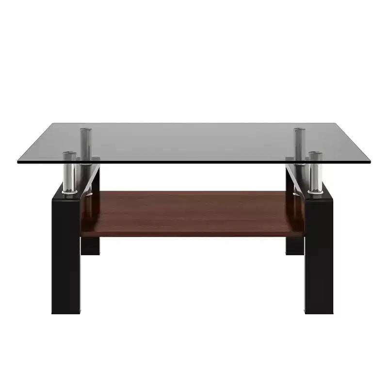Table basse moderne rectangulaire Okak à 2 niveaux avec plateau en verre trempé et pieds en métal, table centrale d'appoint avec couche MDF pour salon