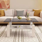 Table basse moderne rectangulaire Okak à 2 niveaux avec plateau en verre trempé et pieds en métal, table centrale d'appoint avec couche MDF pour salon