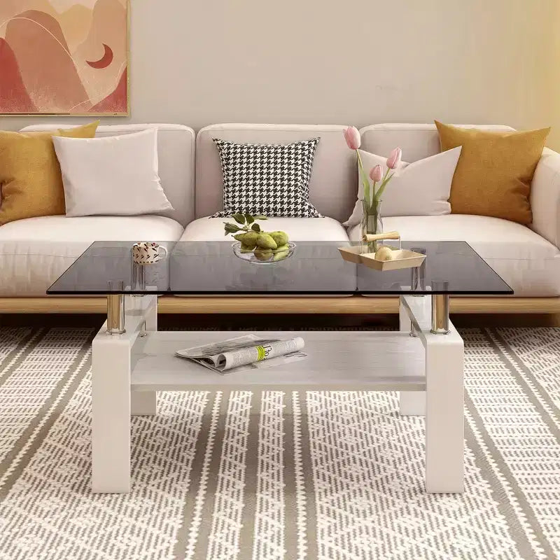 Table basse moderne rectangulaire Okak à 2 niveaux avec plateau en verre trempé et pieds en métal, table centrale d'appoint avec couche MDF pour salon