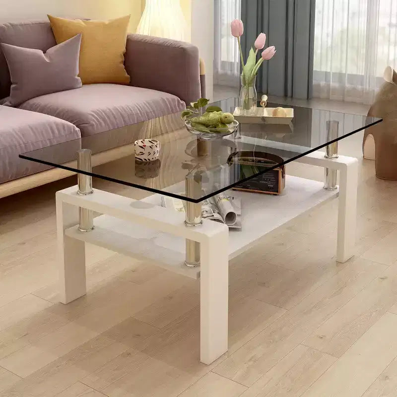 Table basse moderne rectangulaire Okak à 2 niveaux avec plateau en verre trempé et pieds en métal, table centrale d'appoint avec couche MDF pour salon