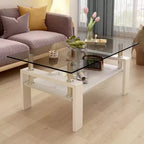 Table basse moderne rectangulaire Okak à 2 niveaux avec plateau en verre trempé et pieds en métal, table centrale d'appoint avec couche MDF pour salon