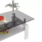 Table basse moderne rectangulaire Okak à 2 niveaux avec plateau en verre trempé et pieds en métal, table centrale d'appoint avec couche MDF pour salon