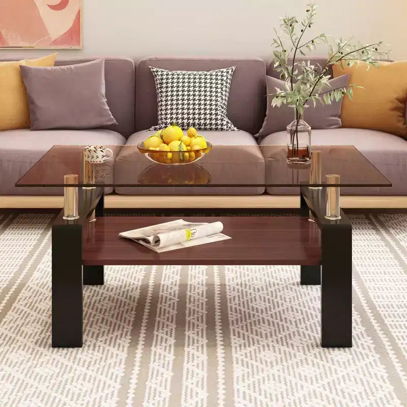 Table basse moderne rectangulaire Okak à 2 niveaux avec plateau en verre trempé et pieds en métal, table centrale d'appoint avec couche MDF pour salon
