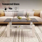 Table basse moderne rectangulaire Okak à 2 niveaux avec plateau en verre trempé et pieds en métal, table centrale d'appoint avec couche MDF pour salon